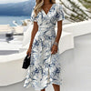 Trendy Plant Print V-Neck Short Sleeve Midi Dress